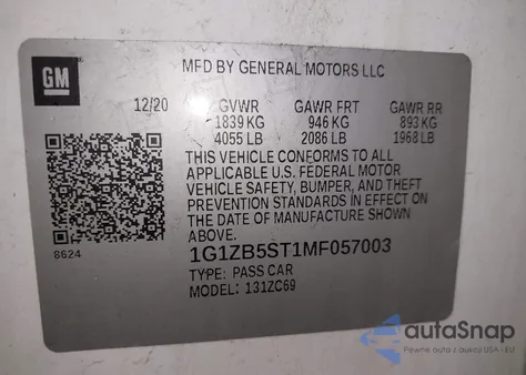 2021 Chevrolet Malibu Fwd Ls z USA, uszkodzony, nr VIN 1G1ZB5ST1MF057003